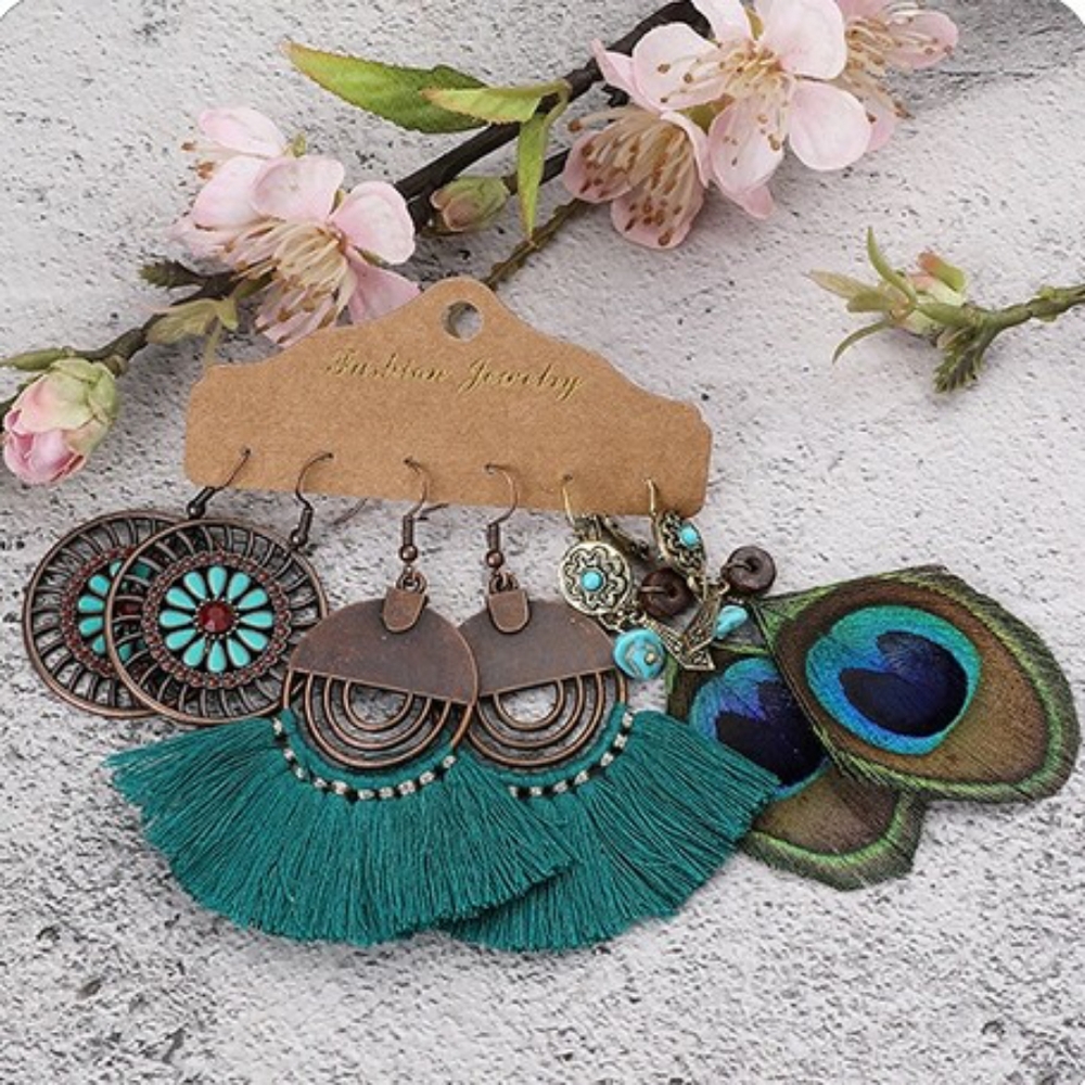 3 Pair Set Boho Chic Earrings Peacock Collection